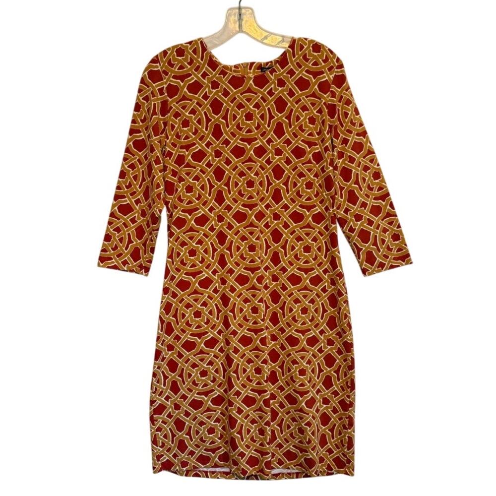 J. McLaughlin Sofia Dress Catalina Cloth Sheath 3/4 Sleeve Red Gold Nautical Med